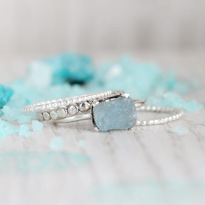 Aquamarine Stacking Ring Set Sterling Silver - Boho Magic