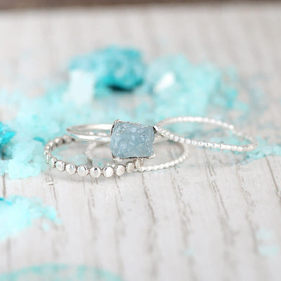 Aquamarine Stacking Ring Set Sterling Silver - Boho Magic