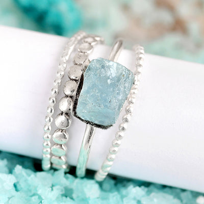 Aquamarine Stacking Ring Set Sterling Silver - Boho Magic