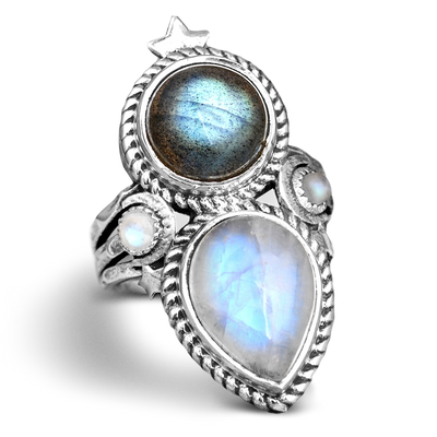 Celestial Moonstone and Labradorite Silver Ring - Boho Magic