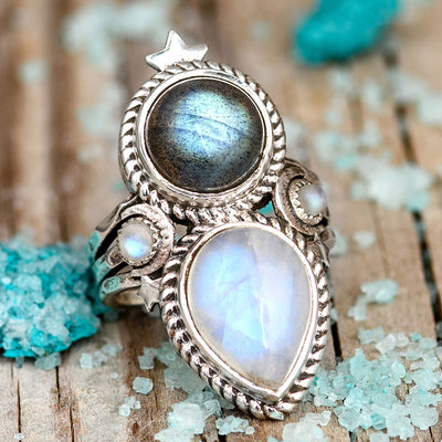 Celestial Moonstone and Labradorite Silver Ring - Boho Magic