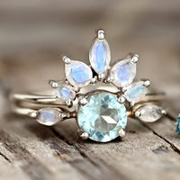 Aquamarine and Moonstone Stackable Ring Set Sterling Silver - Boho Magic