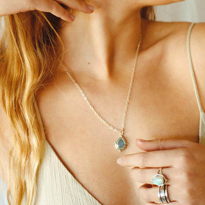 Aquamarine Teardrop Pendant Necklace Sterling Silver - Boho Magic