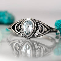 Aquamarine Stars Moon Ring Sterling Silver - Boho Magic