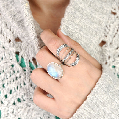 Sterling Silver Rainbow Moonstone Ring - Boho Magic