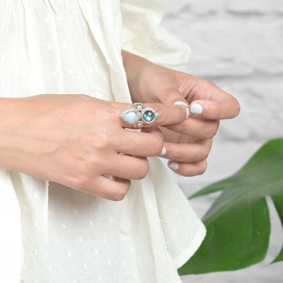 Celestial Moonstone and Labradorite Silver Ring - Boho Magic