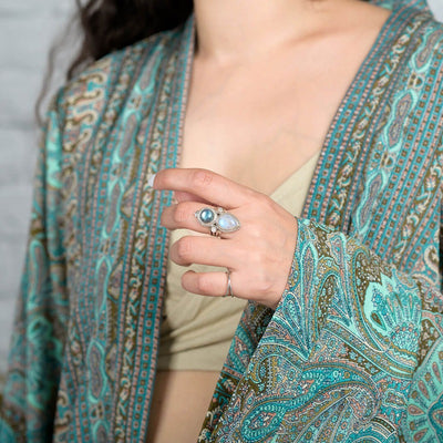 Celestial Moonstone and Labradorite Silver Ring - Boho Magic