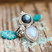 Celestial Moonstone and Labradorite Silver Ring - Boho Magic