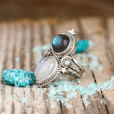 Celestial Moonstone and Labradorite Silver Ring - Boho Magic