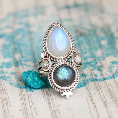 Celestial Moonstone and Labradorite Silver Ring - Boho Magic