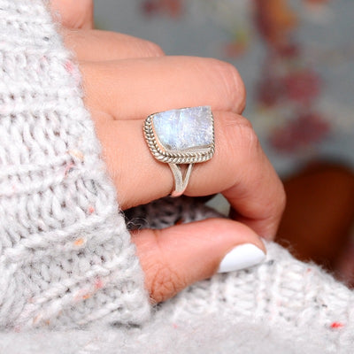 Sterling Silver Raw Moonstone Ring - Boho Magic