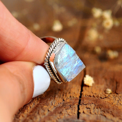 Sterling Silver Raw Moonstone Ring - Boho Magic