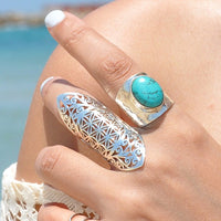 Full Finger Statement Sterling Silver Ring Flower of Life Symbol - Boho Magic