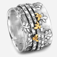 Flowers Spinner Ring with Tiny Bees Sterling Silver - Boho Magic