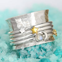 Fidget Ring Moon Moonstone and Stars Sterling Silver - Boho Magic