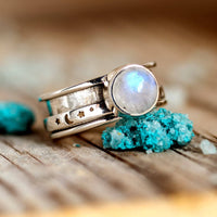 Stars Moon and Moonstone Fidget Ring Sterling Silver - Boho Magic