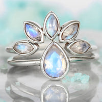 Rainbow Moonstone Stacking Ring Set Sterling Silver - Boho Magic