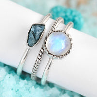 Moonstone and Aquamarine Ring Stacking Set Sterling Silver - Boho Magic