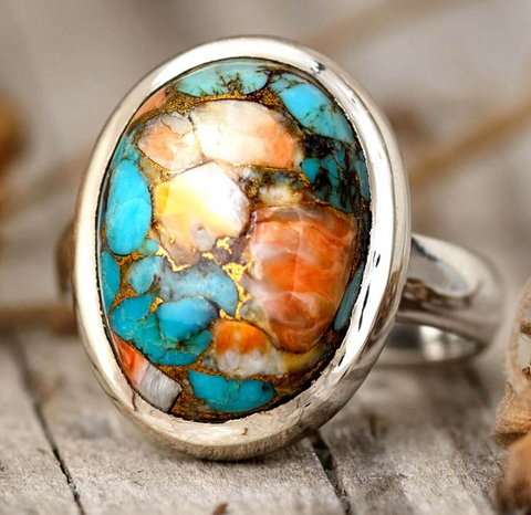 genuine authentic copper oyster turquoise gemstone set in a sterling silver ring for women and copper oyster turquoise attracts prosperity available at boho magic
