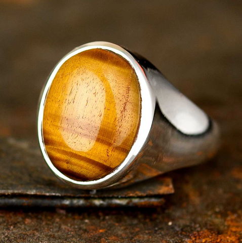 genuine authentic tiger’s eye gemstone set in a sterling silver ring for men and tiger’s eye attracts prosperity available at boho magic