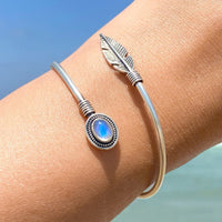 Feather Moonstone Bangle Bracelet Sterling Silver - Boho Magic