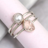 Pearl and Rose Quartz Stacking Ring Set Sterling Silver - Boho Magic
