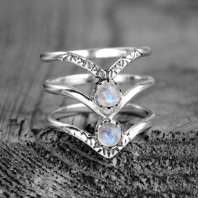 Triple Chevron Boho Ring with Moonstone Sterling Silver - Boho Magic