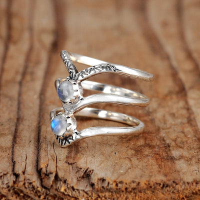 Triple Chevron Boho Ring with Moonstone Sterling Silver - Boho Magic