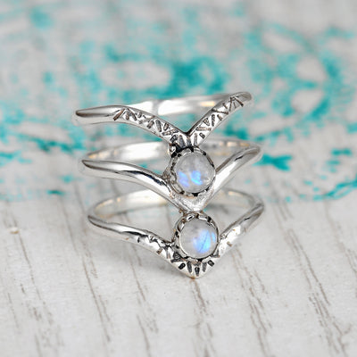 Triple Chevron Boho Ring with Moonstone Sterling Silver - Boho Magic