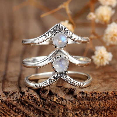 Triple Chevron Boho Ring with Moonstone Sterling Silver - Boho Magic