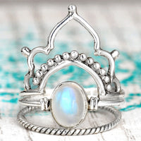 Sterling Silver Boho Ring Set with Rainbow Moonstone - Boho Magic