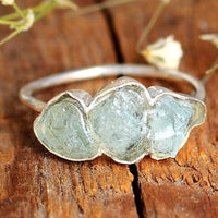 Three Stone Raw Aquamarine Ring Sterling Silver - Boho Magic
